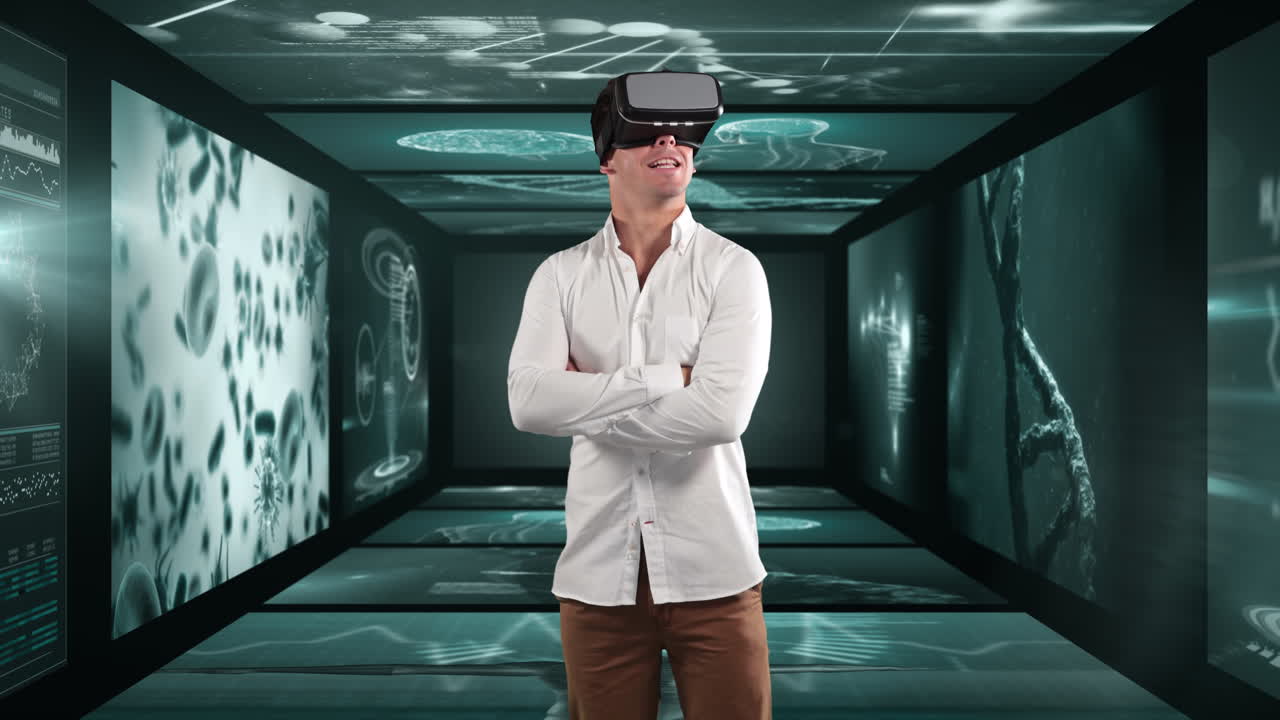 animación de un hombre de negocios que usa auriculares vr sobre pantallas con procesamiento de datos médicos