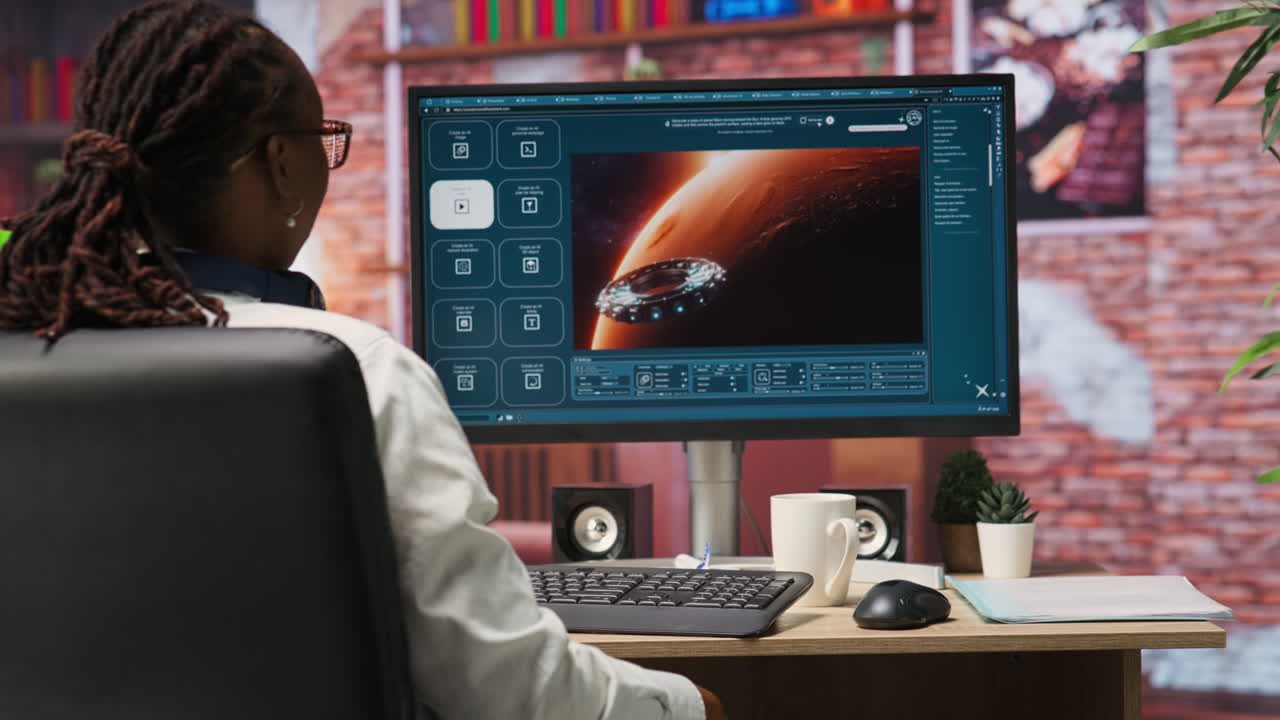 mujer usando un programa de ia que convierte el mensaje de texto en videos, satisfecha con los resultados