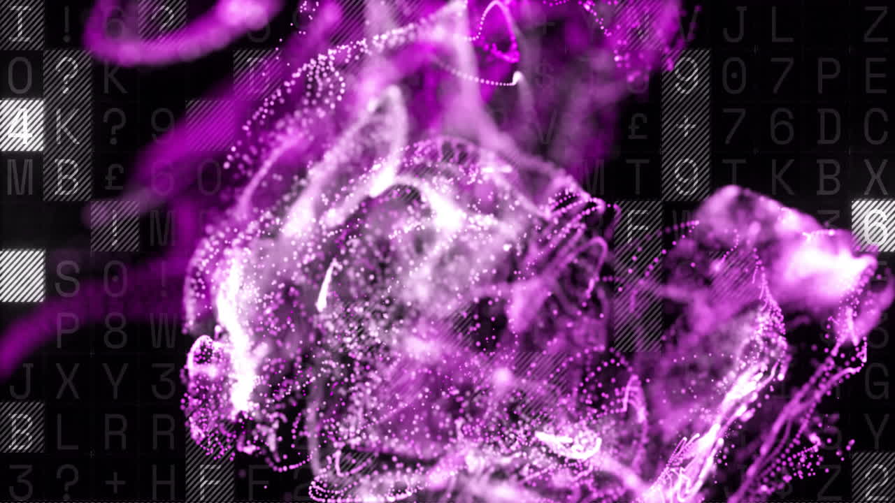 animación de ondas de partículas púrpuras y blancas sobre fondo negro con letras y símbolos