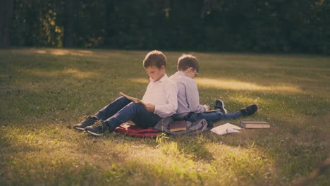 schoolboys with books prepare for exams on grass in park