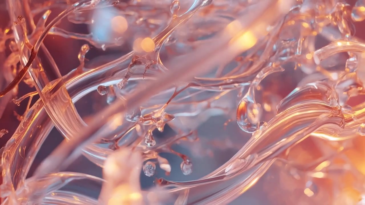 Telecamera scorrevole che rivela densi filamenti vitrei e goccioline in macro, evidenziando una luce di contorno ambrata.