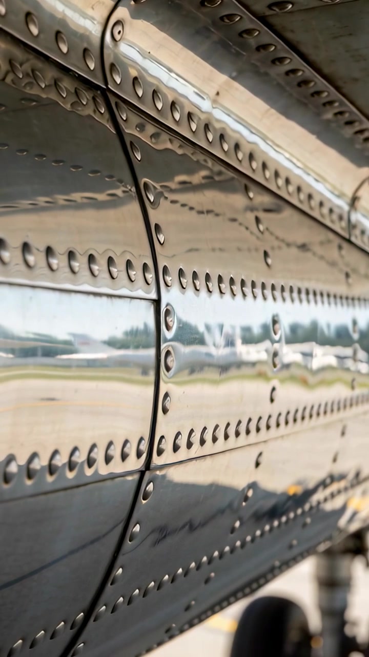 Video verticale: Telecamera che esegue una panoramica sul pannello di un aereo sulla rampa, rivelando rivetti e il pneumatico del carrello di atterraggio.