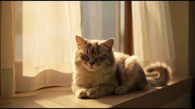 Fluffy Cat Resting on a Sunny Windowsill