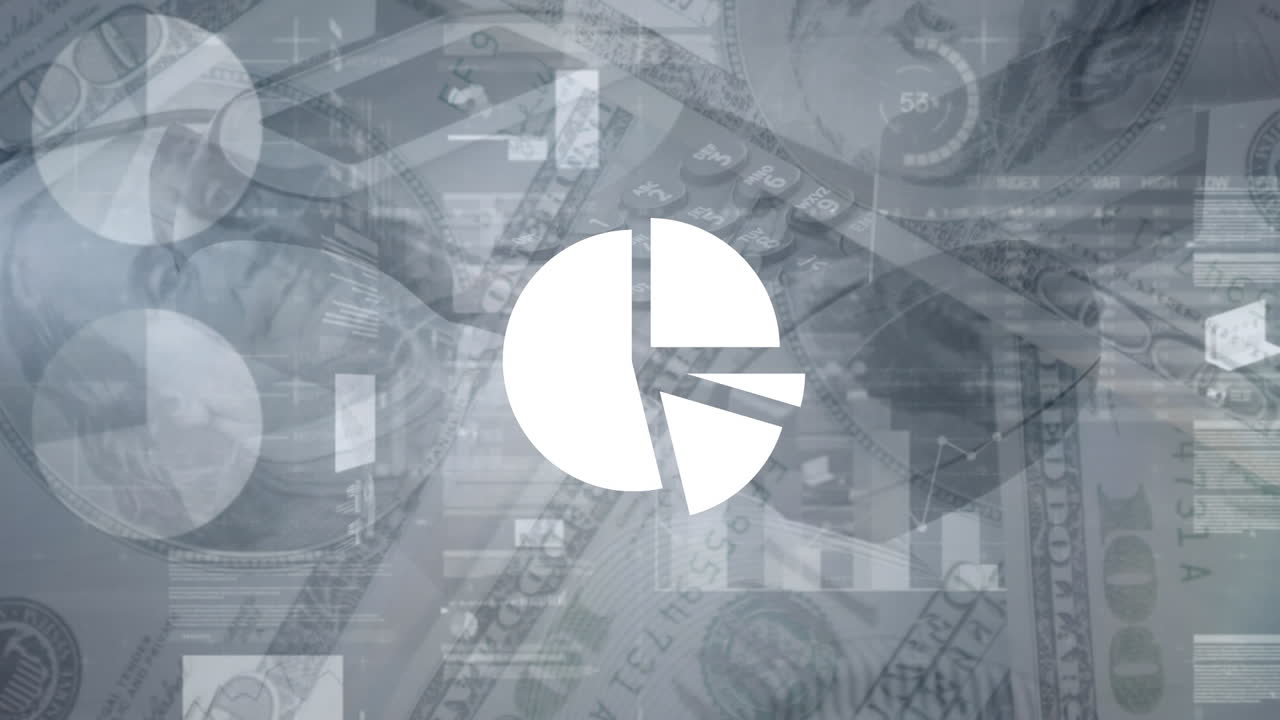 animación de múltiples gráficos, números, datos sobre billetes de dólar contra la calculadora en la mesa.