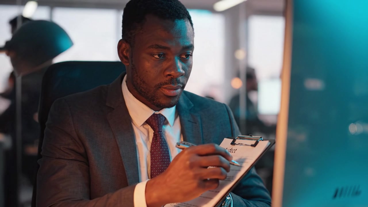 Focused Professional Reviewing Report in Modern Office Setting While Taking Notes with Pen on Clipboard, Displaying Determination and Commitment to Work.