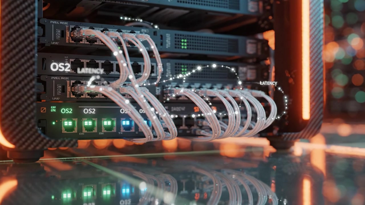 High-Performance Data Center Server Rack with Fiber Optic Connections and Advanced Networking Equipment Illuminated by LED Lights and Reflections on Glass Surface