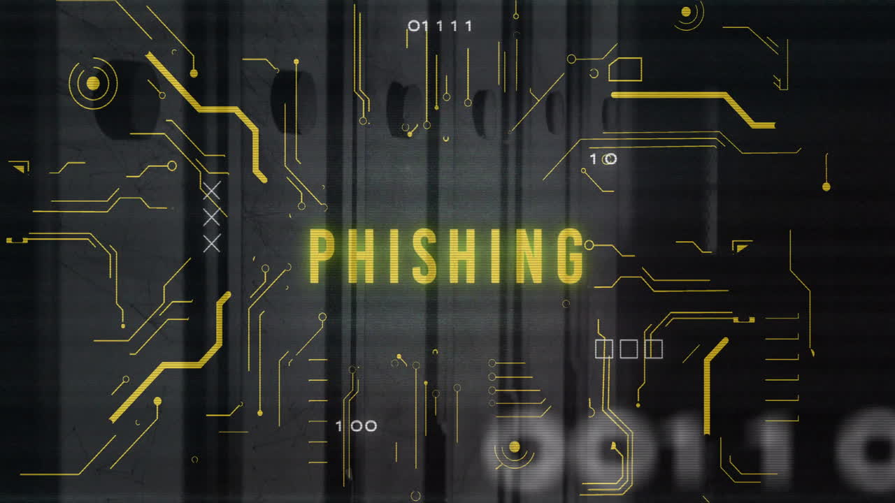 Animazione di testo di phishing su elaborazione dati e sala server