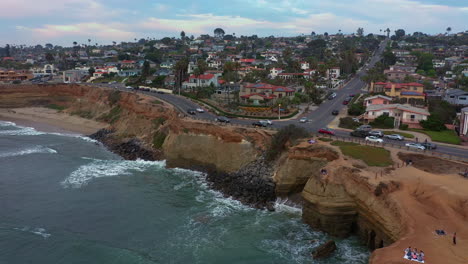 View-Of-Beautiful-San-Diego-California-At-Sunset-Cliffs-In-Point-Loma-With-Pacific-Ocean-And-Rocky-Coastline---drone-shot