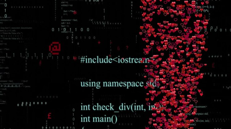 Small red heart icons appearing and rising up column as code fragments sliding to prompt input