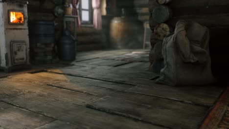 dark interior of retro log house