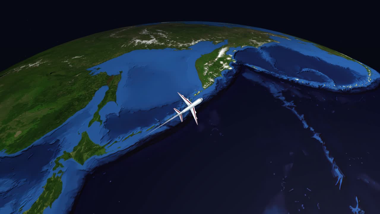 A 3D globe animation tracks a commercial airplane flying from Tokyo to Atlanta across continents