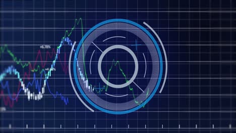 Animación-Del-Procesamiento-De-Datos-Financieros-Y-Escáner-Redondo-De-Neón-Girando-Sobre-Fondo-Azul