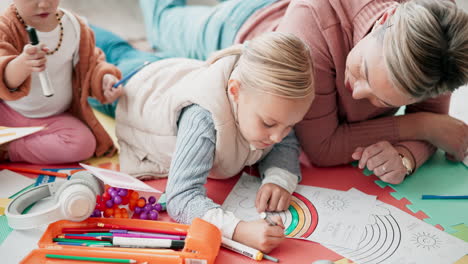 mom, children and drawing on living room floor