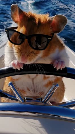 hamster wearing sunglasses drives a boat on the sparkling sea, gripping the wheel with its tiny paws under the bright sun, enjoying a cheerful day of adventure and freedom