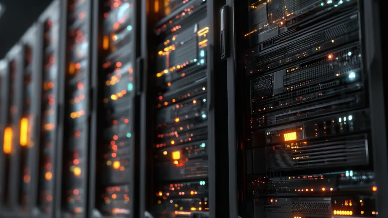 A High-Tech Data Center with Advanced Server Racks Displaying Vibrant LED Indicators and Complex Electrical Connections in a Modern Computing Environment