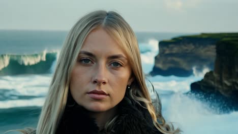 woman with blonde hair looking at the camera in front of the sea