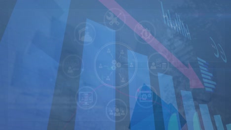 animación de la red de iconos digitales y procesamiento de datos estadísticos contra un fondo azul