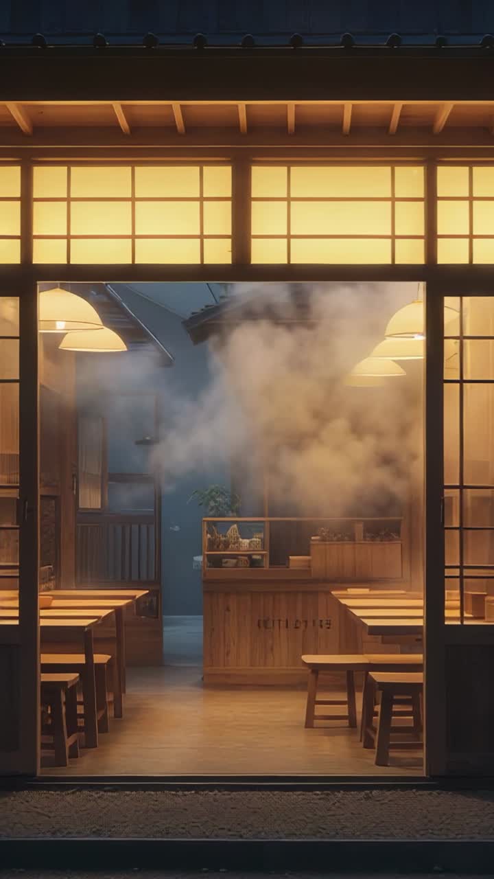 Vertical video: Rising steam billowing through wooden lattice doors at dusk, signaling tea brewing