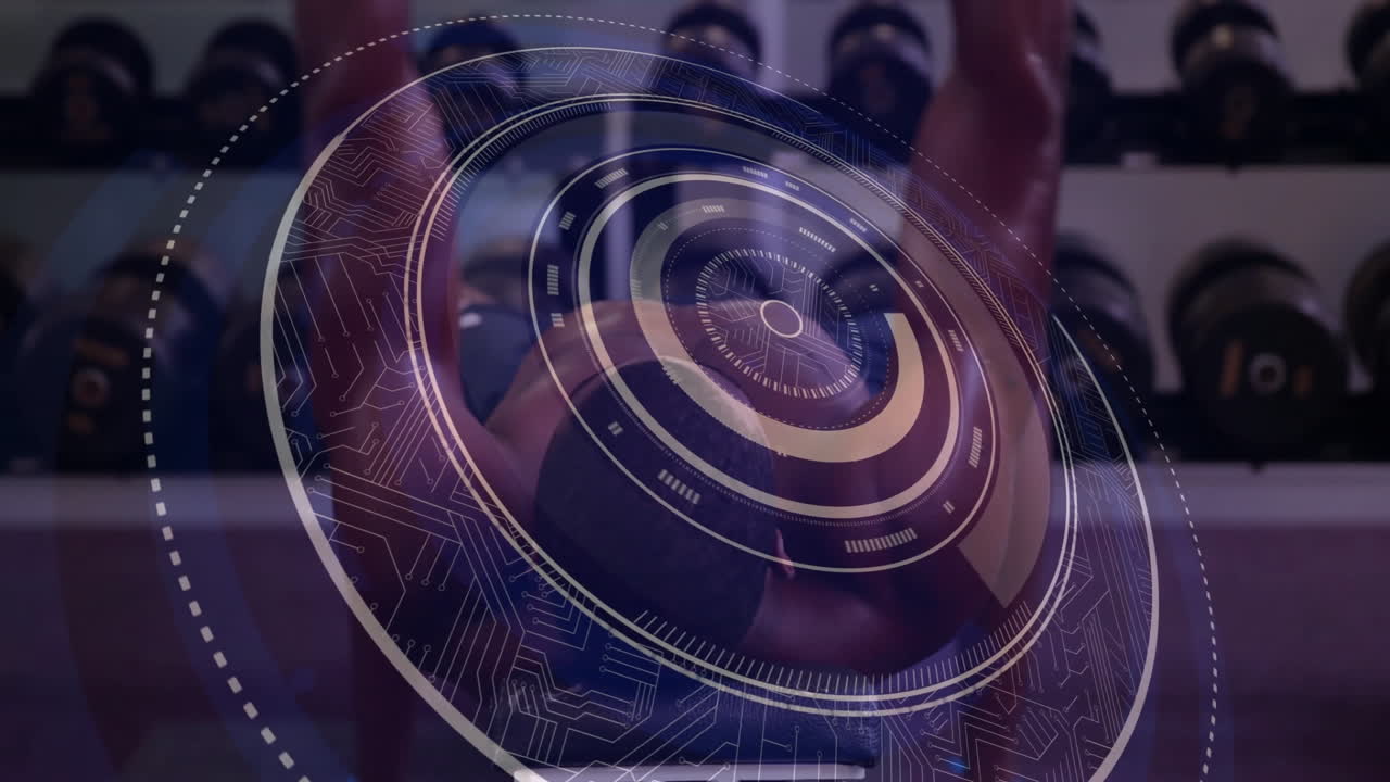 levantar pesas en el gimnasio, personas con superposición de animación de interfaz digital