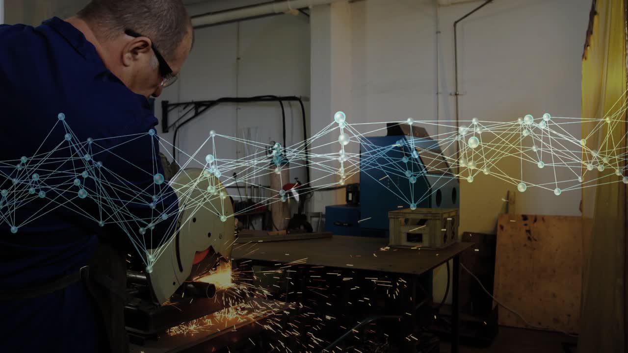 Worker starting cutoff saw, cutting metal as sparks cascading, overlay over part for metalworking