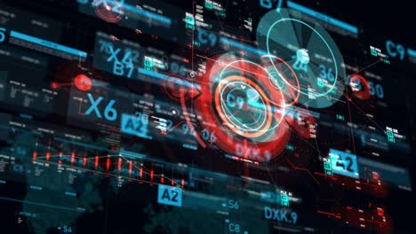 puntero objetivo y interfaz de usuario futurista hud gui elemento de número de texto digital para tecnología cibernética concepto con poca profundidad de campo oscuro y procesado de grano