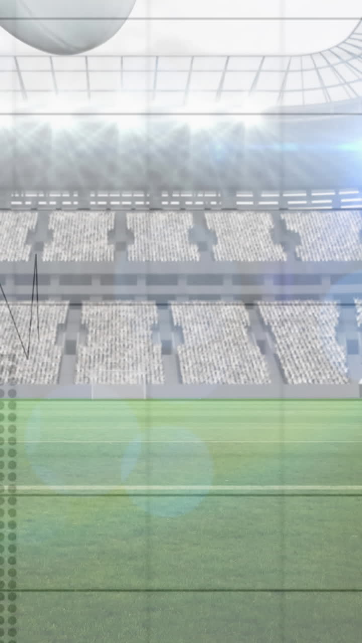 animación de pelotas de rugby que caen con gráficos y procesamiento de datos sobre el estadio deportivo
