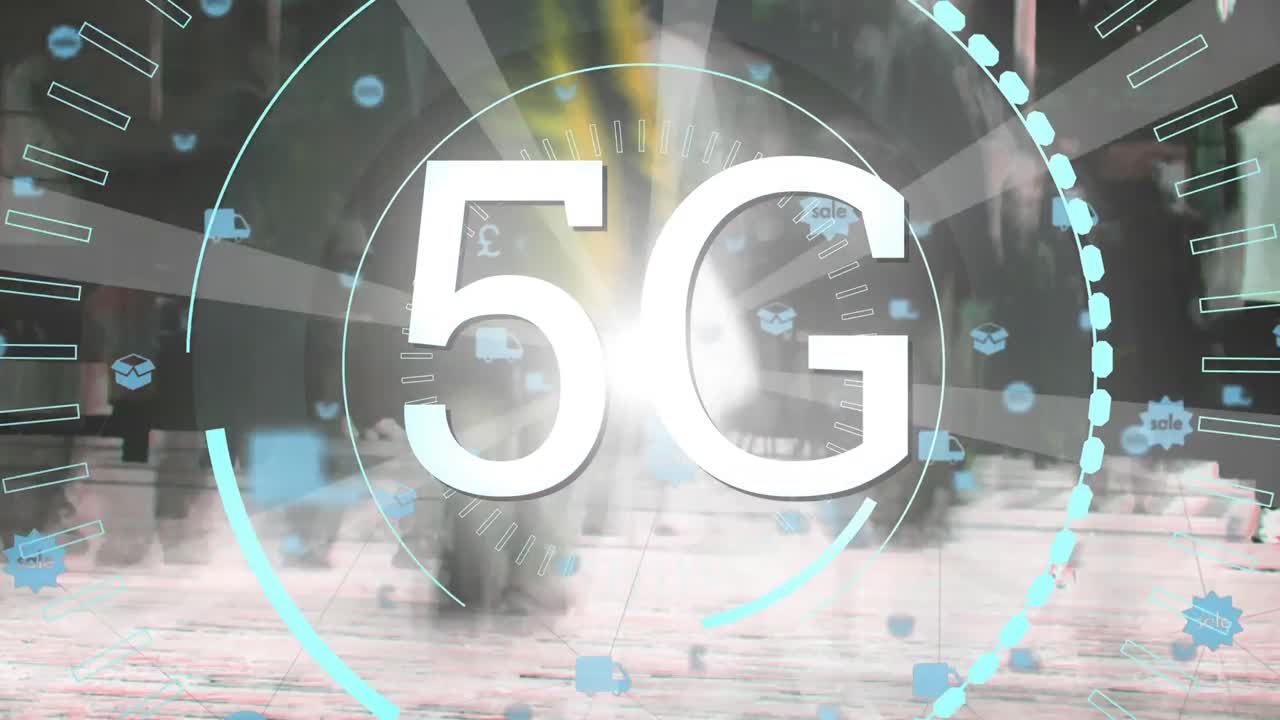 거리에서  ⁇ 는 사람들에게 디지털 아이콘 위에 5g 텍스트를 표시합니다.