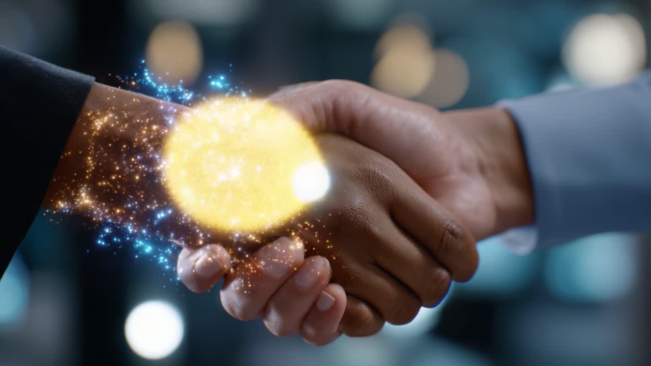 A Dynamic Handshake Signifying Collaboration, Trust, and Connection Enhanced by Sparkling Visual Effects, Representing Unity in a Modern Context