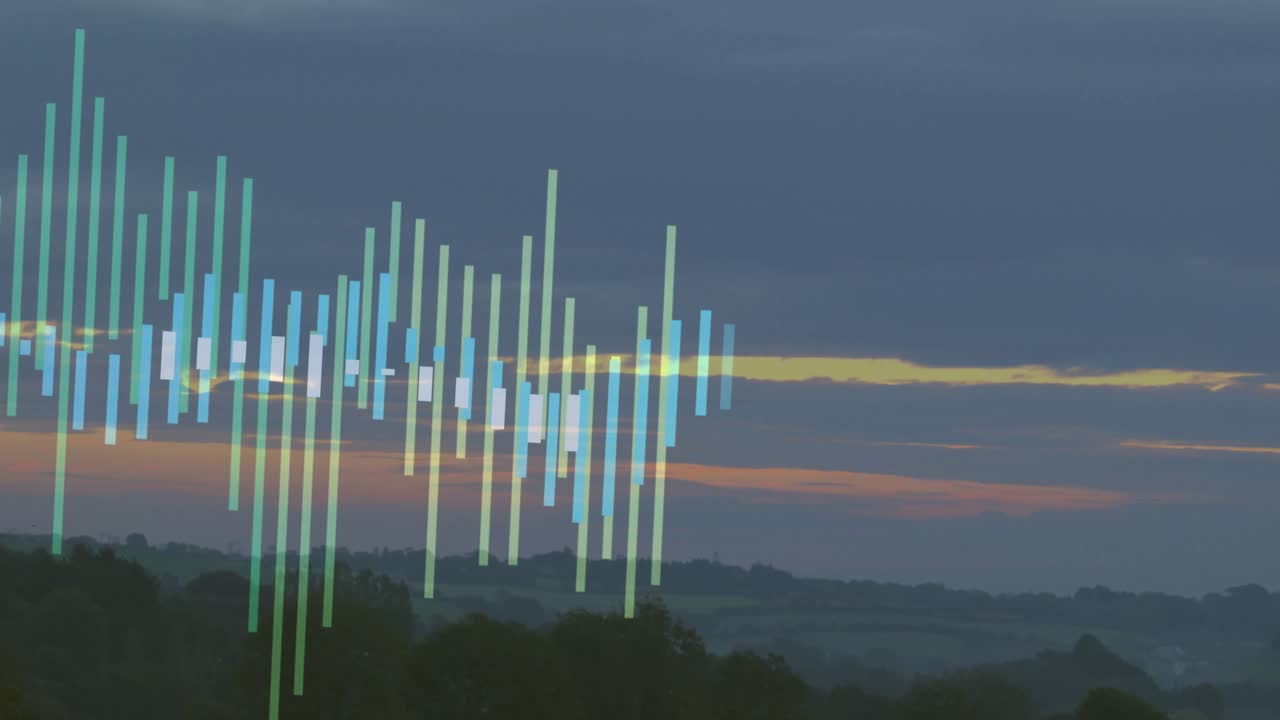 semi-transparent digital financial chart overlay moving over dusk landscape in flat design
