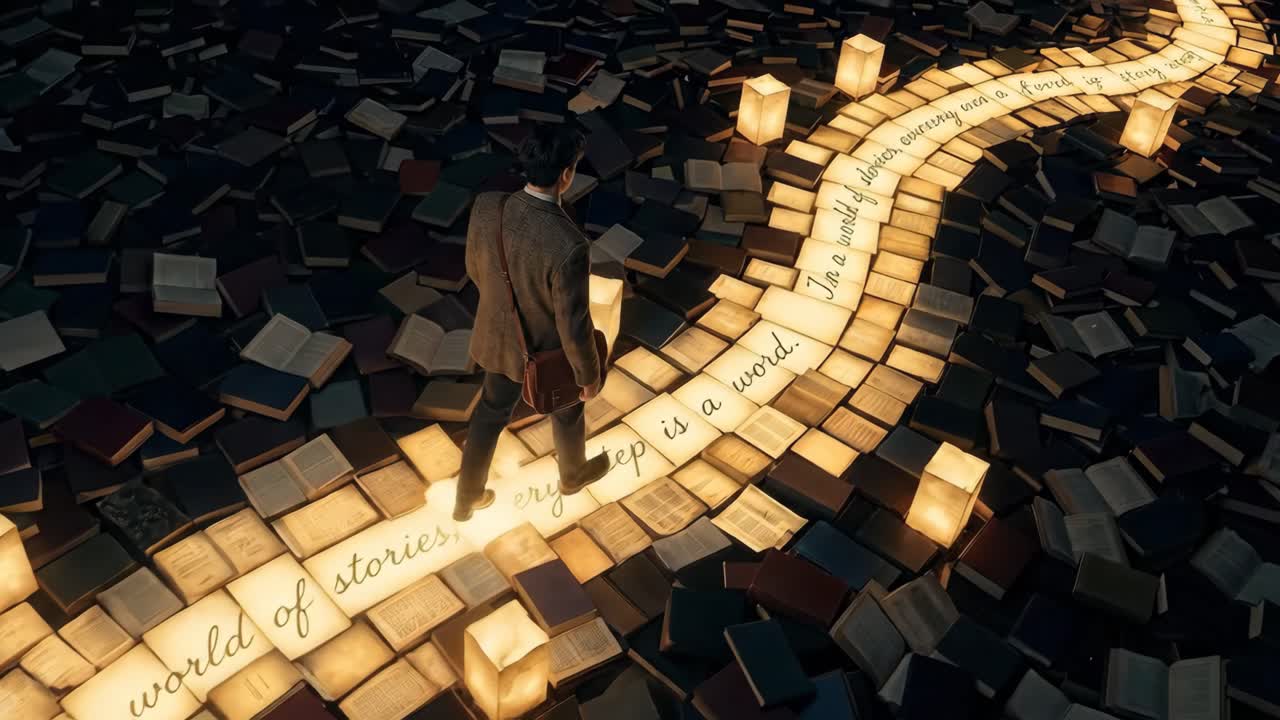 Uomo che cammina su un sentiero luminoso di libri e parole
