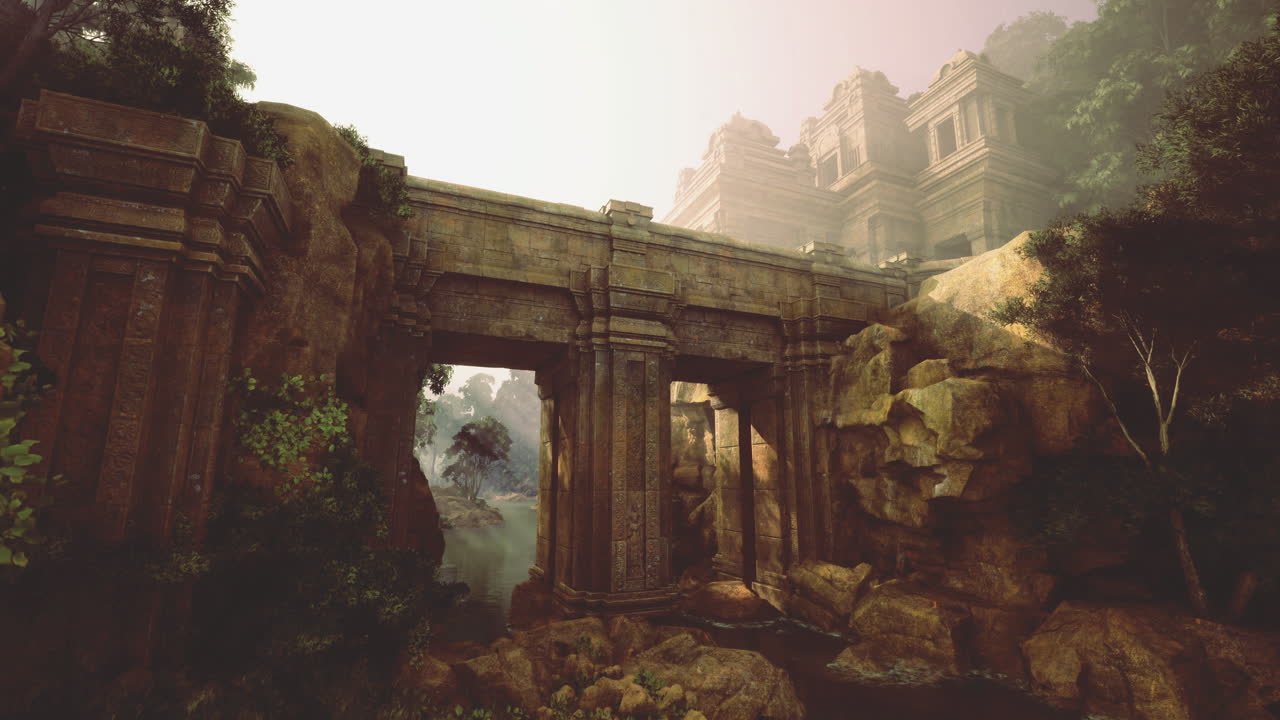 Ancient ruins nestled in lush landscape during golden hour light