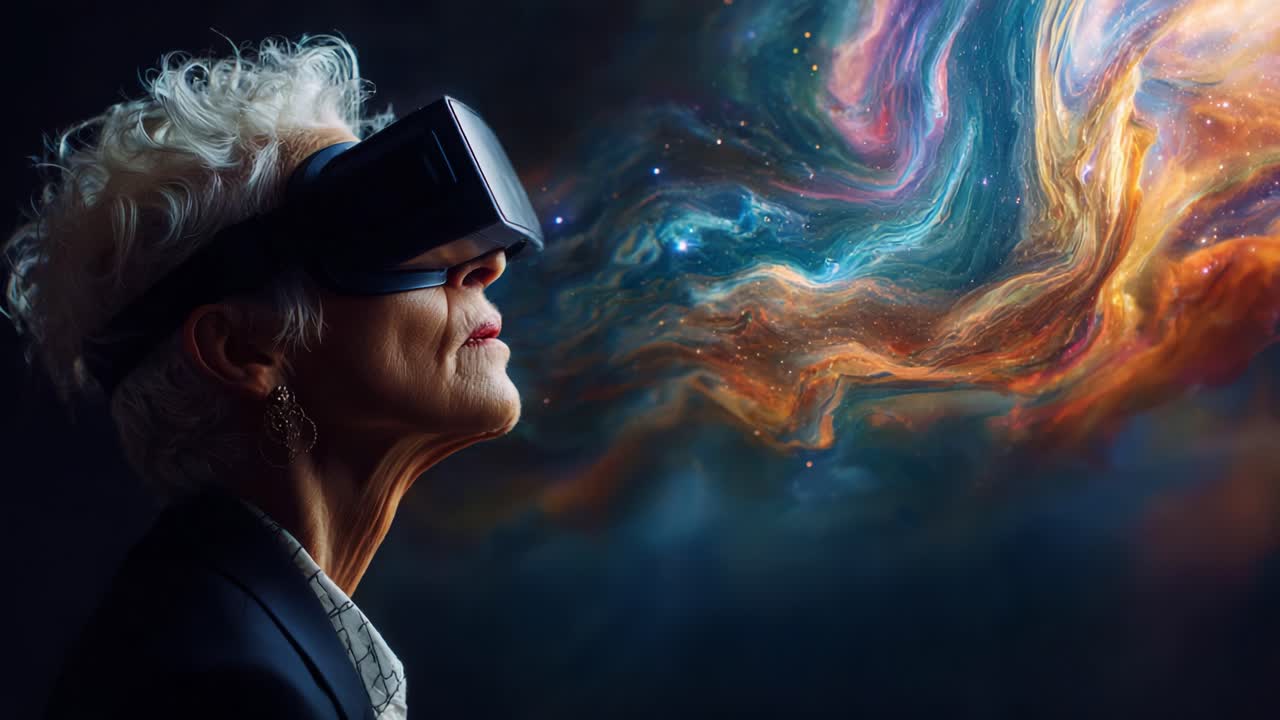 A contemplative older woman wearing a virtual reality headset gazes into a vibrant cosmic dreamscape, surrounded by swirling colors and celestial patterns that evoke a sense of wonder