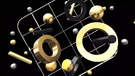 abstract geometric composition of gold, black and silver shapes on a grid