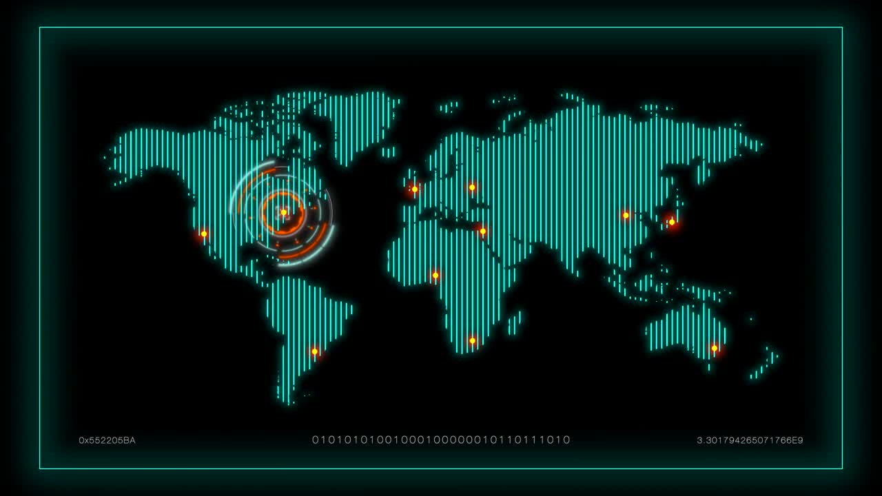 다양한 도시가 강조된 세계 지도 감시, 오류 효과와 특수 효과를 포함합니다.