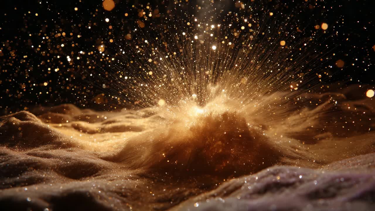 Una rappresentazione affascinante di particelle dorate che eruttano da una superficie sabbiosa e morbida, creando uno straordinario effetto visivo che cattura l'essenza del movimento e della luce in un momento di bellezza accattivante