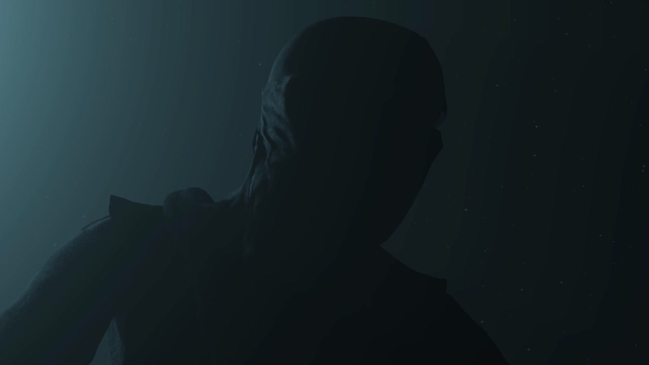 personaje ninja shinobi listo dentro de un espacio oscuro, con luz volumétrica detrás de él y partículas de polvo flotando, animación 3d, vista más cercana, cámara de zoom