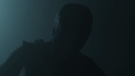 ninja shinobi character standing ready inside a dark space, with volumetric light behind him and dust particles floating, 3d animation, closer view, camera zoom out