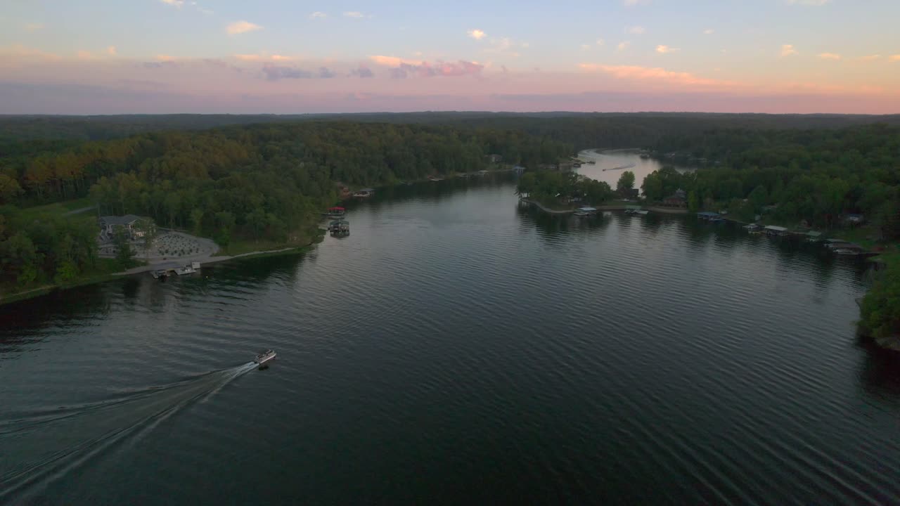 Aerial lake view Lake of Egypt, Southern Illinois, at sunset