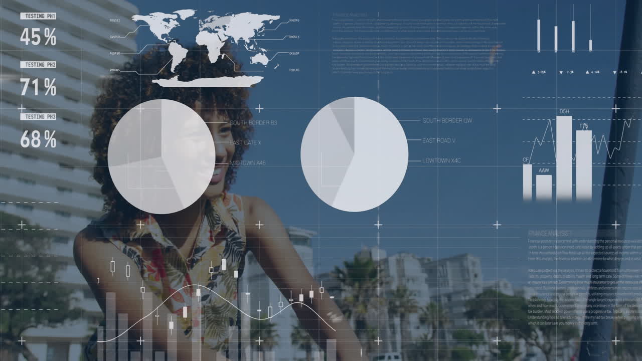 Data visualization animation over diverse people outdoors with charts and world map