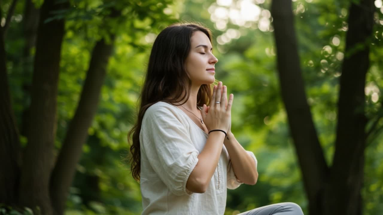 Meditative Harmony: A Serene Moment in Nature Captured as a Woman Engages in Contemplative Practice Surrounded by Lush Greenery and Soft Natural Light