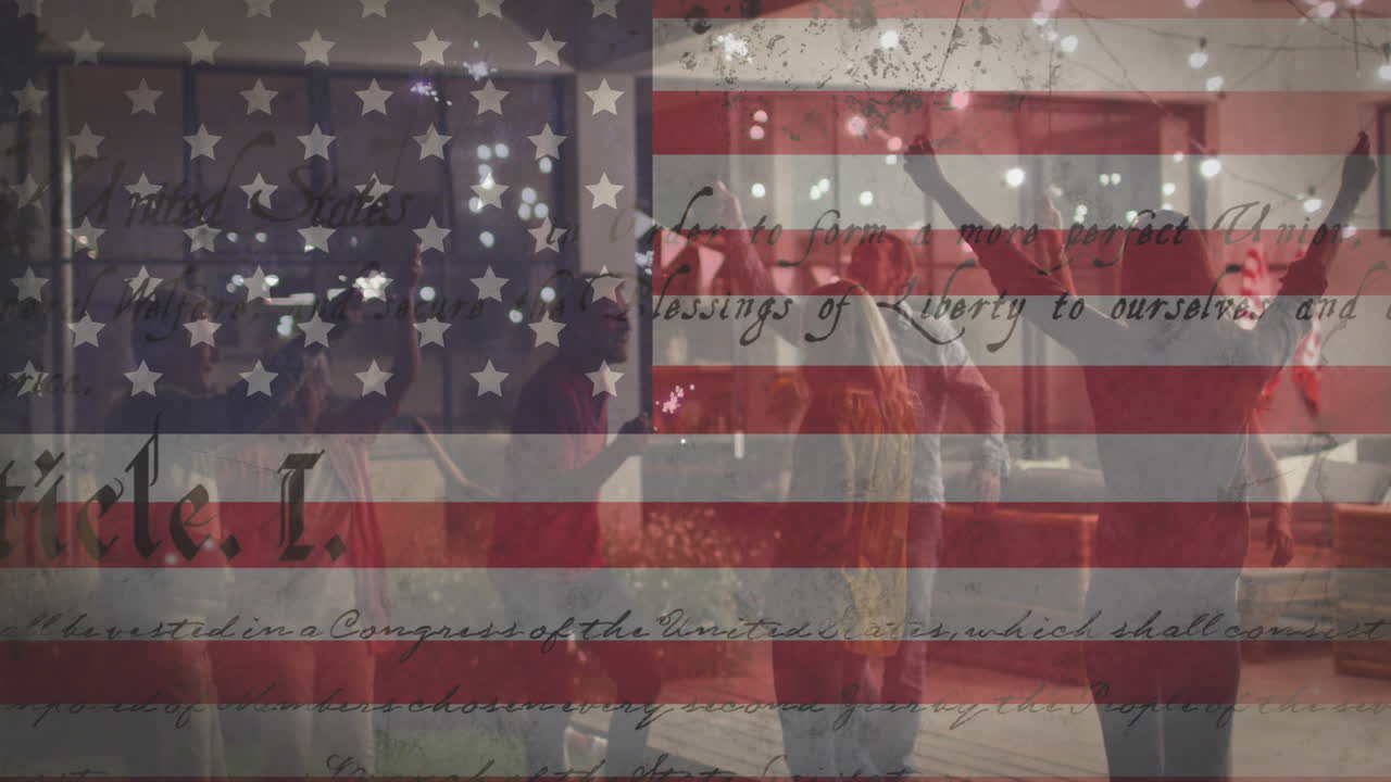 다양한 친구 그룹이 반 ⁇ 불로 축하하는 미국  ⁇ 발의 애니메이션