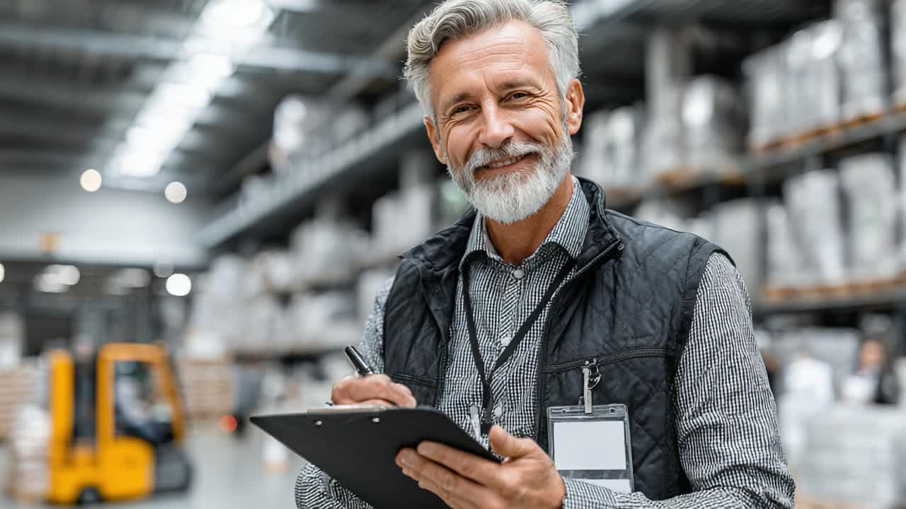 Sorridendo, il responsabile del magazzino esegue il controllo dell'inventario, tenendo in mano una penna e un blocco appunti con un carrello elevatore sullo sfondo, a dimostrazione di operazioni logistiche efficienti