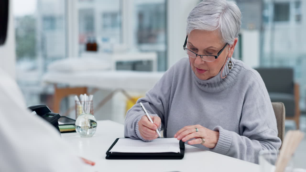 Medical paperwork, health insurance and old woman