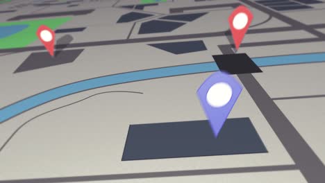 flight over a 3d city road map, pins are placed into the map - digitally animated animation