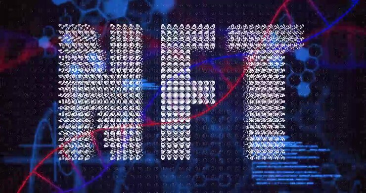 Scritta AI stilizzata che forma cluster di punti dinamici, intrecciando curve a elica e pattern a griglia di dati esagonali.