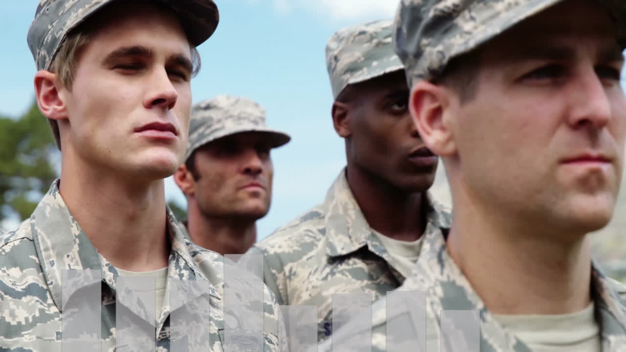 Military personnel in uniform with bar graph animation overlaying scene