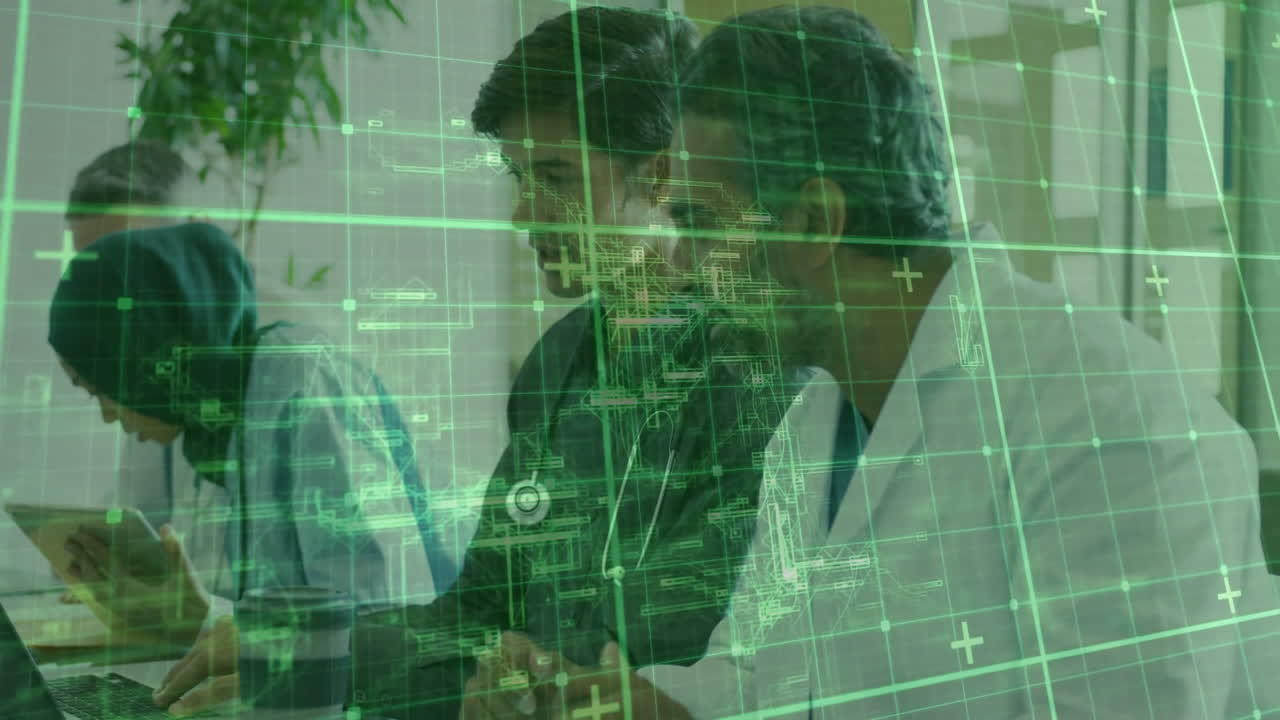 Team of professionals collaborating in tech lab on laptop tablet smartphone with green schematics