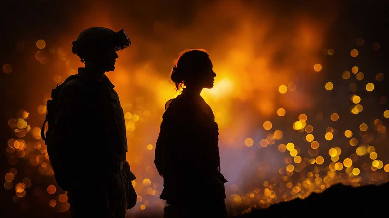 A poignant depiction of courage and resilience in a dramatic backdrop of fire and embers, highlighting the silhouettes of two brave individuals facing an uncertain future with determination and strength