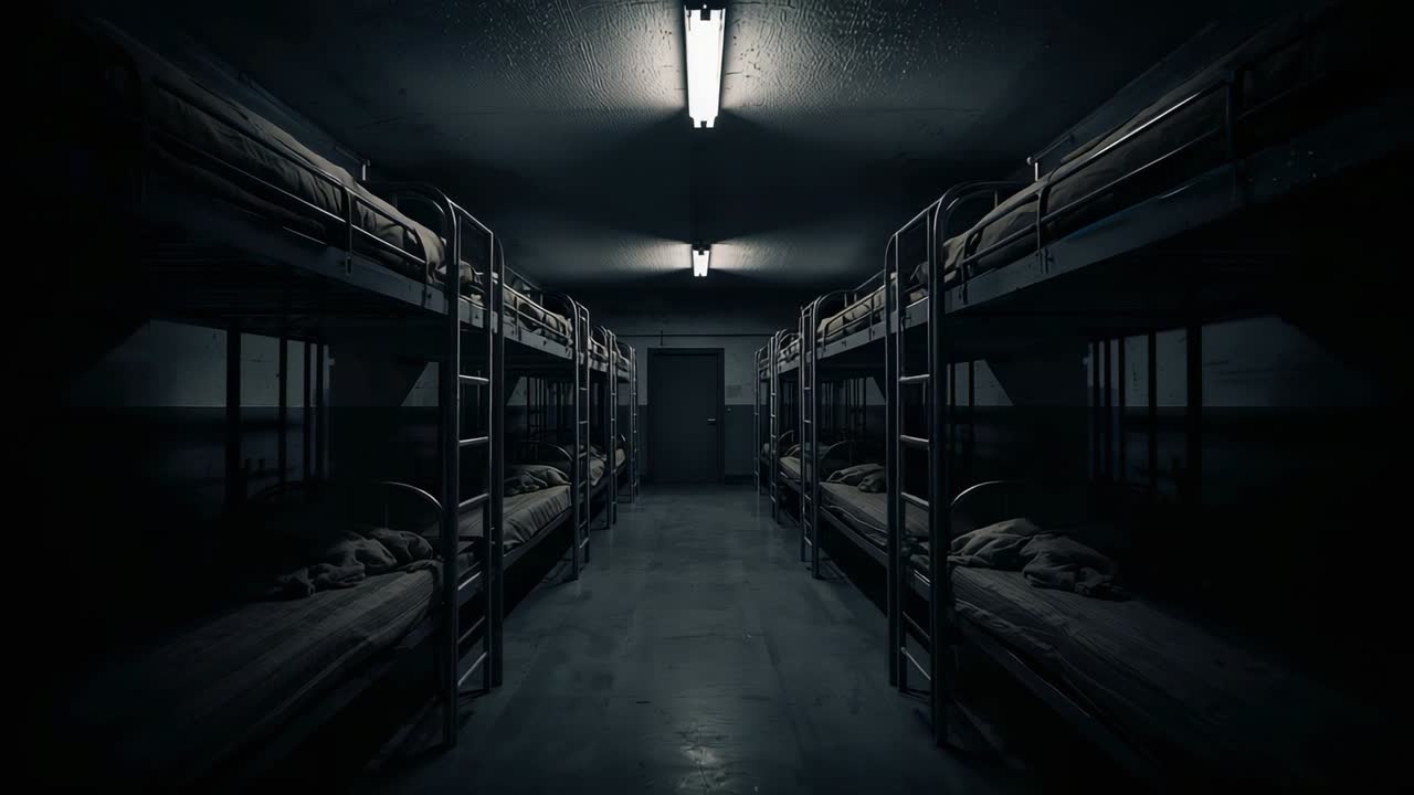 Recording starting camera capturing rows of metal bunk beds in narrow sleeping hall, overhead light