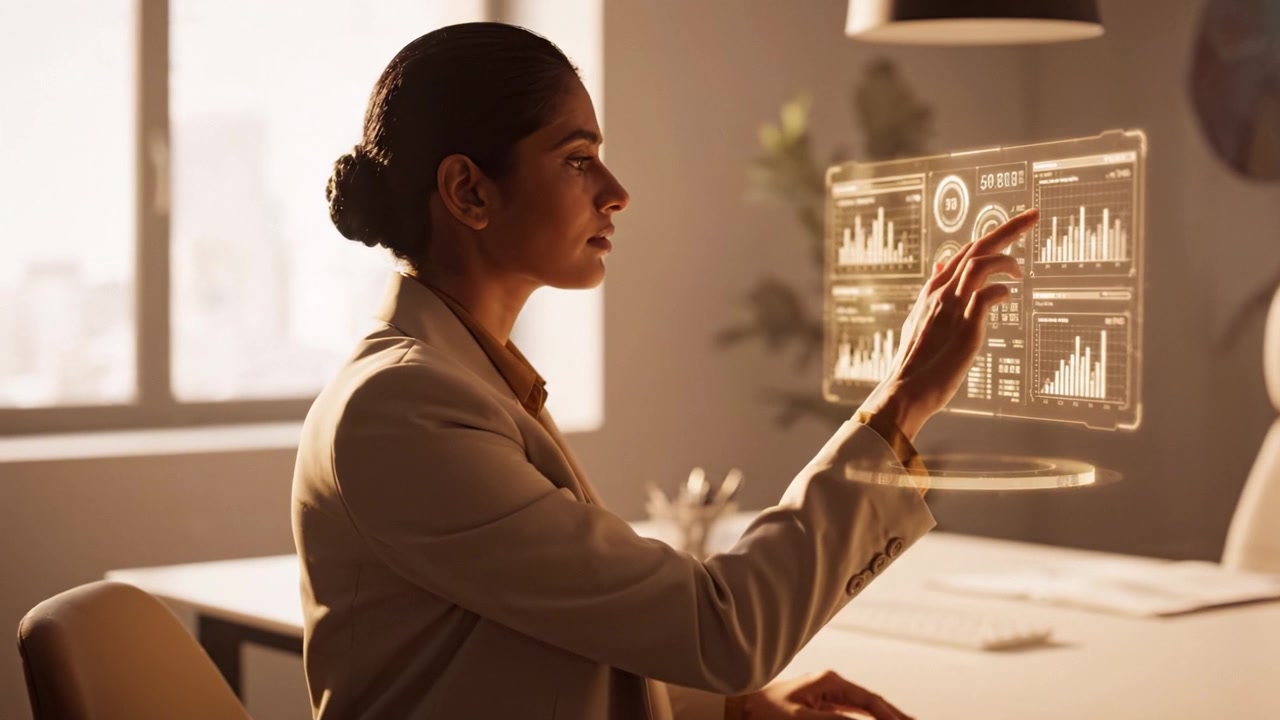 A focused professional woman analyzing data through a holographic display in a modern office, showcasing a blend of technology and productivity.